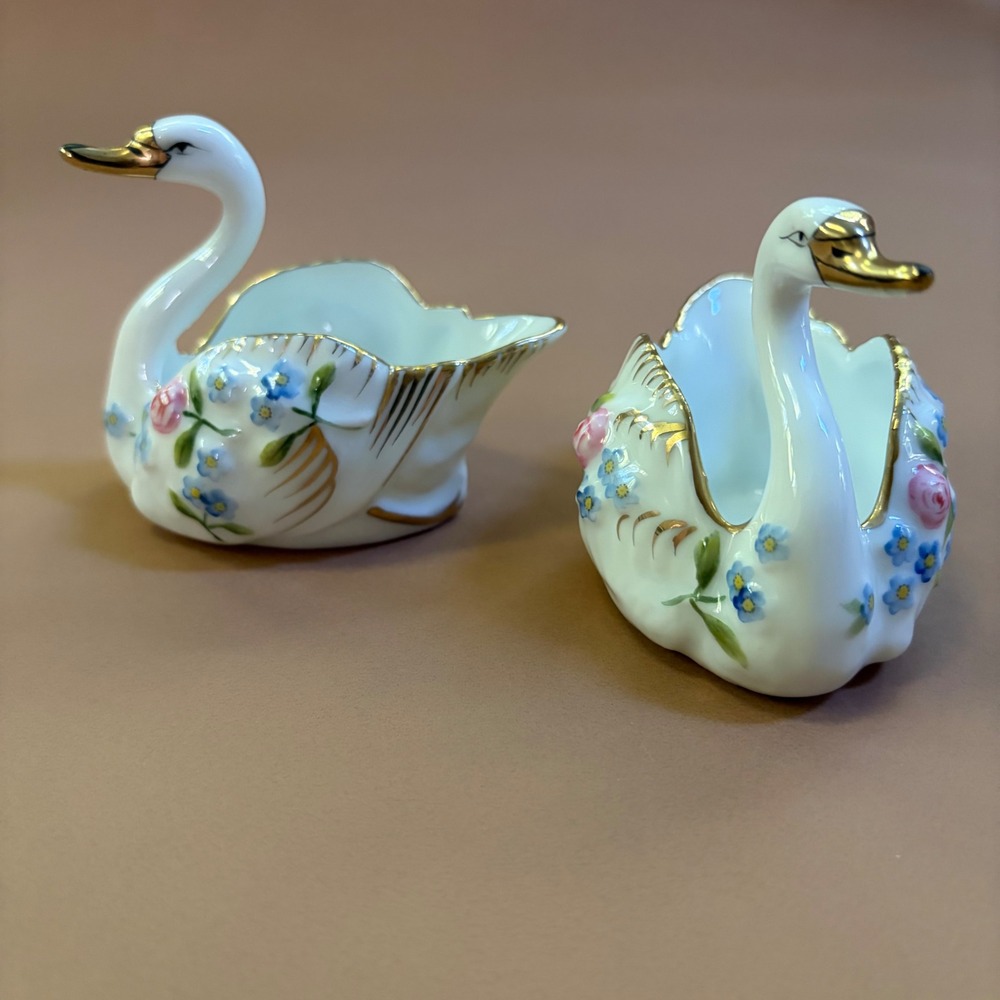 Vintage Noritake Hand Painted Porcelain Swan Salt Cellars Set 2 Gold Gilt Floral
